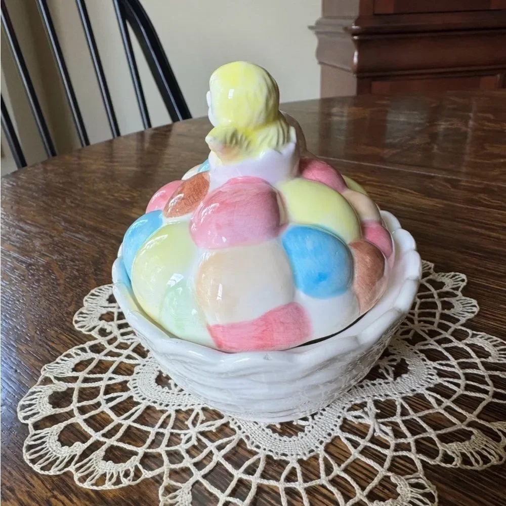 Vintage 1970’s, Oval Ceramic, Easter Eggs Basket, Covered Candy Bowl. G13